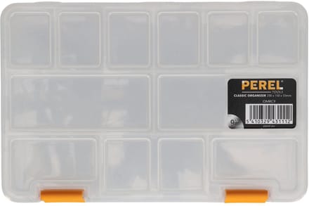 Perel assortimentsdoos, 15 vaste compartimenten, stapelbaar, 230 x 150 x 33 mm, transparant/geel