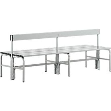 Kleedkamerbank, rvs buis/aluminium, dubbel met rugleuning, L 2000 mm, lichtgrijs