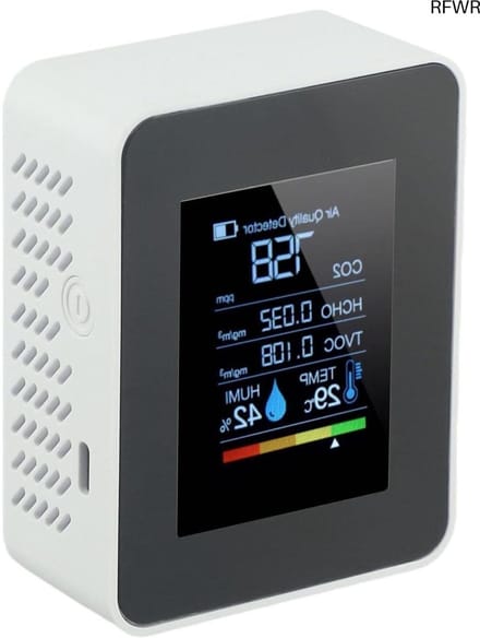 RFWR® 5-in-1 luchtkwaliteitsmonitor met CO-2, HCHO, TVOC-detectie - Temperatuur en Vochtigheid