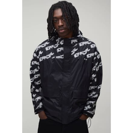 Oversized Boxy Reflecterende Bedrukte Cagoule Met Capuchon | Black | Size Medium