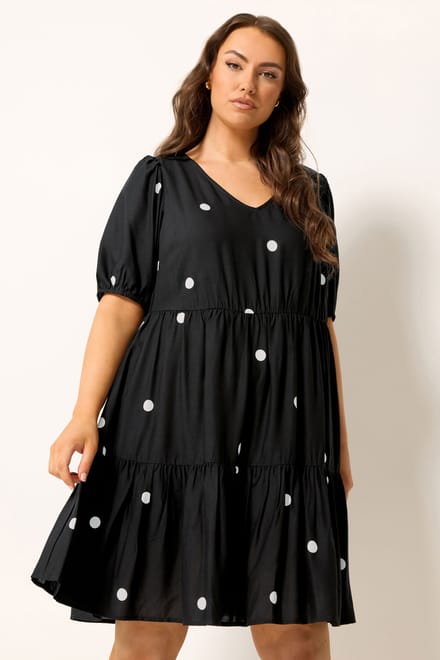 Yours Zwart Polka Dot Gelaagde Smock Jurk Size 58-60