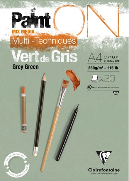 Clairefontaine - Paint ON - Multi-Techniek Pad - Tekenpapier - Schilderpapier - Grijs Groen - A4 - 250 g - 30 vel