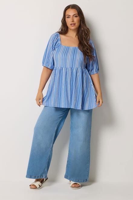Yours Blauwe Gestreepte Peplum Top Size 42
