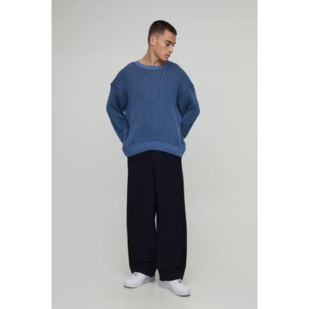 Heren Relaxte Boxy Geribbelde Gebreide Trui | Navy | Size Medium