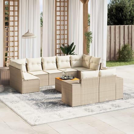 vidaXL - 10-delige - Loungeset - met - kussens - poly - rattan - beige