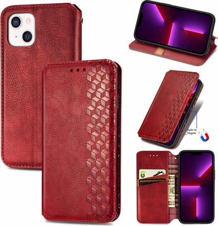Luxe PU Lederen Ruitpatroon Wallet Case + Screenprotector voor iPhone 13 Mini _ Rood
