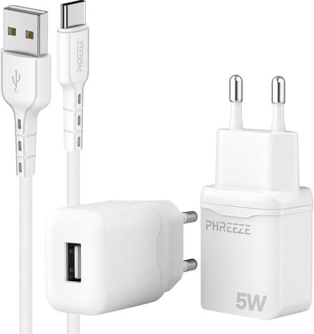 Phreeze usb oplader 5 W - Usb naar usb C kabel 1m - Voor opladen smartphone tablet ereader accessoires 5v 1a adapter