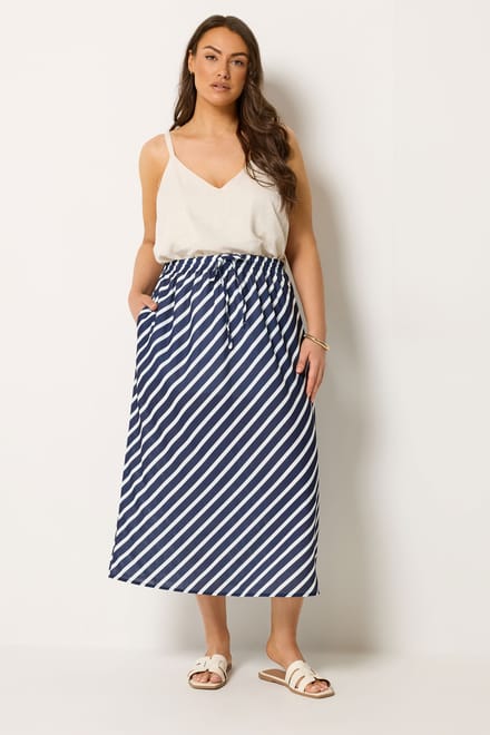 Yours Marineblauwe Linnenlook Rok Met Streepjes Size 48