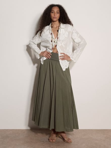 Katoenen midi-rok met jersey tailleband