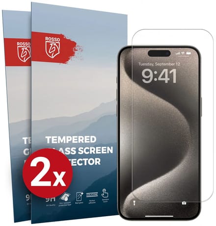 Rosso Screen Protector Geschikt voor Apple iPhone 15 Pro Max 9H Tempered Glass | Duo Pack | Glasplaatje | Beschermlaag | Beschermglas | 9H Hardheid