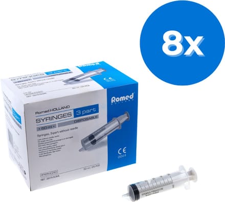 Romed 3-delige injectiespuiten 50ml luer slip 200 stuks - Set van 8 doosjes Romed