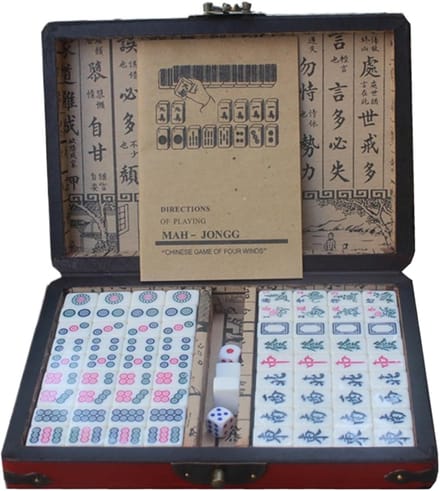 Mahjong Set - Chinees Reisspel - Traditioneel Spel - Compleet Inclusief Dobbelstenen - Compacte Doos - Antiek Design