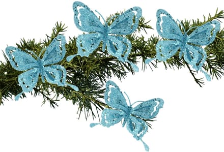 Kerstboomversiering Vlinder - 4x - 14 cm - blauw glitter - op clip - ornament