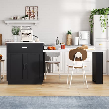 MODFU Keukeneiland - Uitschuifbare Eettafel En Opbergruimte - Modern - MDF - Zwart - 211 x 55 x 89,5 cm