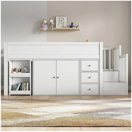 KOMHTOM Kinderstapelbed 90.200, met uitschuifbaar bureau, kledingkast, lades, trap, medium density vezelplaat, wit
