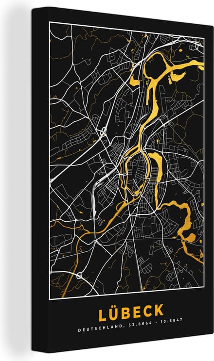 Canvas Schilderij Lübeck - Plattegrond - Goud - Stadskaart - Kaart - Duitsland - 60x90 cm - Wanddecoratie