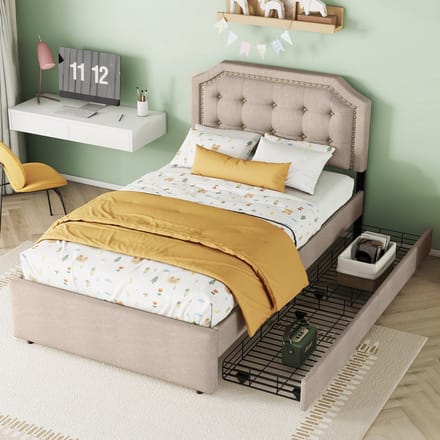 MODFU - Bedframe 90x200 cm – Donkerbeige linnen met verstelbaar hoofdbord & 2 lades