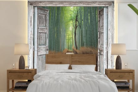Behang - Fotobehang Bamboe - Japan - Doorkijk - Bos - Breedte 280 cm x hoogte 280 cm