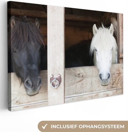 Canvas Schilderij Paarden - Paardenstal - Planken - 60x40 cm - Wanddecoratie