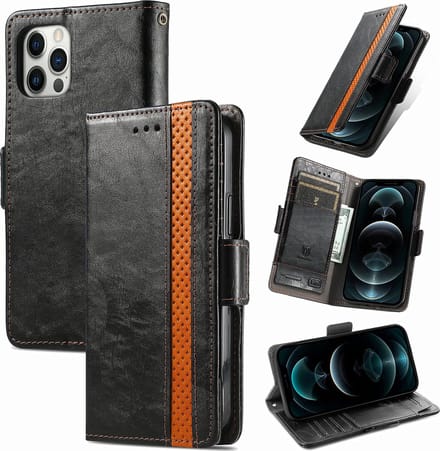 Stijlvol Tweekleurig PU-leer Wallet Flip Case + PMMA Screenprotector voor iPhone 12 / 12 Pro _ Zwart