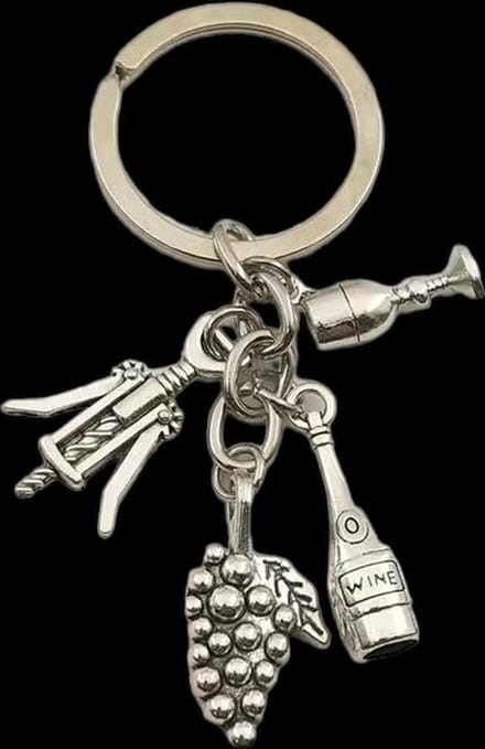 Sleutelhanger Wijnfles/Druif/Opener/Glas ( Zilverkleurig) 3.4 x 3.2 cm