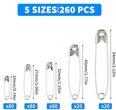 Grote Veiligheidsspelden Set van 260 Stuks - 5 Maten (Zilver)