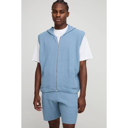 Oversized Fit Geribbelde Gebreide Hoodie met doorlopende rits en Shorts Set | Light Blue | Size Medium