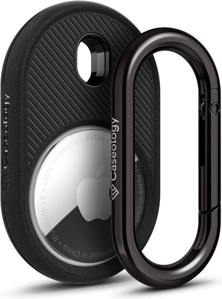 Spigen Vault AirTag Hoesje | Geschikt voor Apple AirTag 2 2026 en AirTag 1 2021 | Karabijnhaak | TPU | Zandsteenstructuur | Matte Zwart