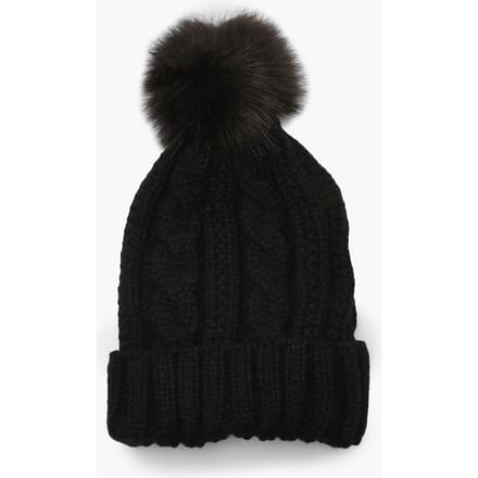 boohoo Dames Kabelgebreide Nep-Pompon Muts | Black