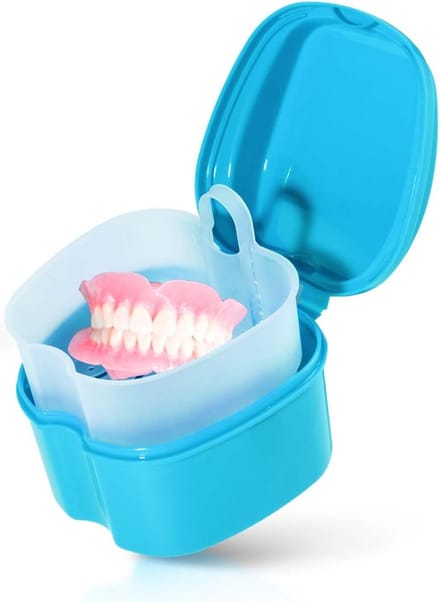 Light Blue Dentures Bath Case Cup Box Holder Storage Soak Container with Strainer Basket for Travel Cleaning