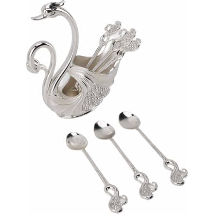 Zwaan Servies Set Metalen Tafelgerei Bestekset Decoratieve Zwaan Basis Houder met 6 Lepels voor zilver witte kleur