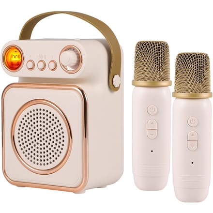 Mini Karaoke Machine Draadloze Microfoon en Speaker Set met 2 Microfoons Oplaadbare LED Kleur beige