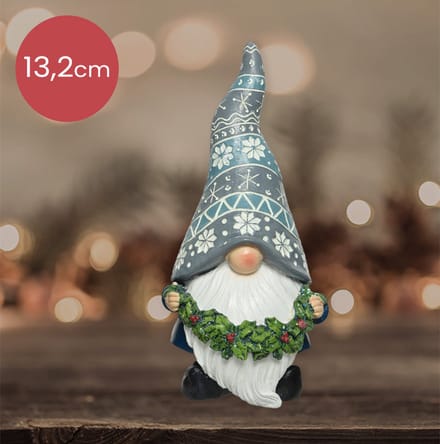 Blauwe polyresin gnoom met guirlande en glitter - 13,2cm