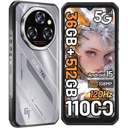 OUKITEL WP62 5G Téléphone Portable 48Go+512Go/2TO 11000mAh Écran 6.6  108MP Android 15 Smartphone Incassable Double SIM/NFC Argent