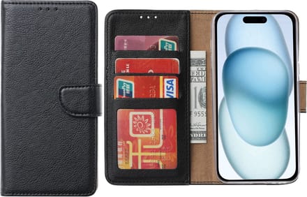Hoesje Geschikt voor iPhone 15 Plus – Arara bookcase met pasjeshouder- Zwart