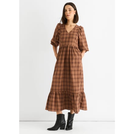 Bruine Katoenen Puff Mouwen V-Hals Midi Jurk