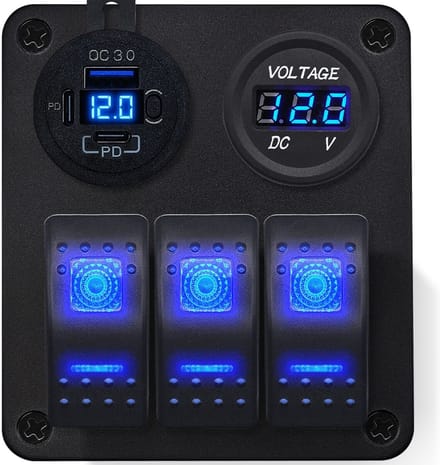 ProRide Schakelpaneel 12V voor Auto/Boot - USB C Lader 3 poorten met Voltmeter - QC3.0 - 3 Schakelaars