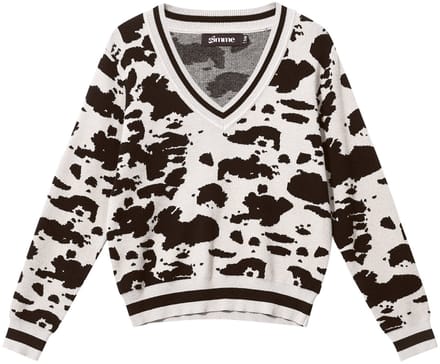 Comfortabele Gebreide Dames Trui met V-Hals en Luipaardprint - Gebroken Wit - Maat S/M