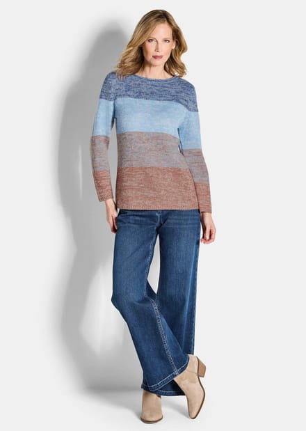 Pullover met blokstreepmotief - lichtblauw / camel / gedess. - Gr. 19 van Goldner Fashion