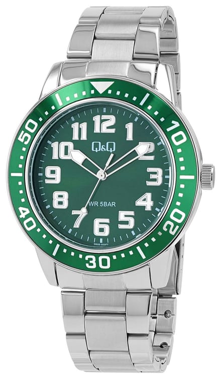 Q&Q-model Q60b-003py-Herenhorloge-diameter 45 mm-5 atm waterdicht-stoer model-staal-groen/zilver