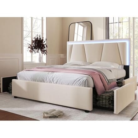 ModernLuxe Gestoffeerd bed 160x200cm in linnen - met 2 lades + LED + lattenbodem - Beige
