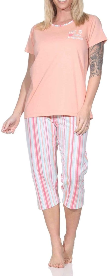 Normann dames pyjama met korte mouwen en gestreepte capri pyjamabroek