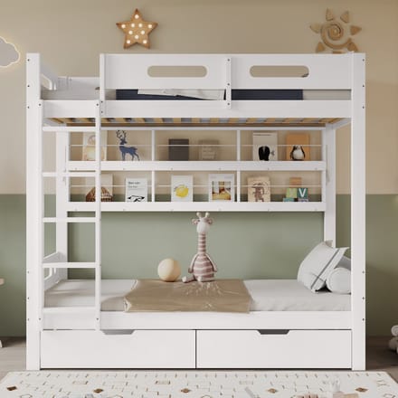 Stapelbed - 90x200 cm - met 2 Lades en Open Plank - inclusief Ladder - Grenen en MDF - Wit
