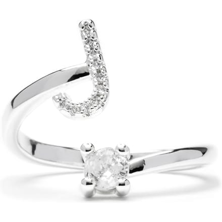 Bague - LUXENTER - Alphabet Lettre J - Taille ajustable - Plaqué rhodium - Zirconia argenté blanc