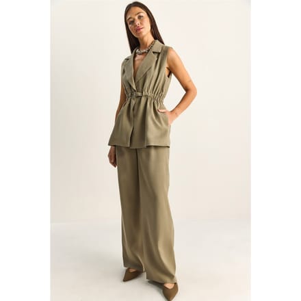 Hoge Taille Wijde Pijpen Co-ord Set met Jasje Kraag