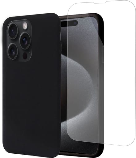 Geschikt voor iPhone 15 Plus Hoesje + Screenprotector – Gehard Glas Cover - Suède Case Zwart