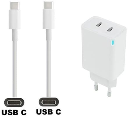 45W super snellader met 2 poorten USB C - USB C + 1,0m sterke USB C naar C kabel. Witte PD PPS lader. Oplader adapter past op Kobo Rakuten eReader Elipsa, Elipsa 2E, Sage, Libra 2, Libra Colour, Clara 2E, Clara Colour, Clara BW - Kindle Amazon Scribe