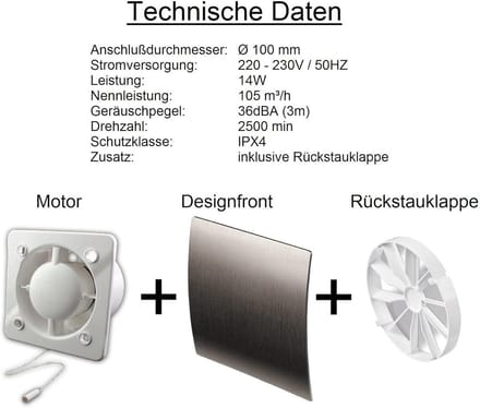 Badkamerventilator - Muurventilator - Vochtige Ruimtes - Met Vochtsensor - 100 mm - Geborsteld Zilver