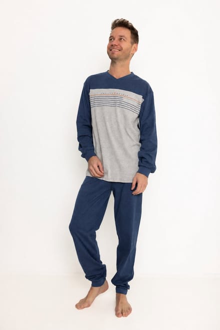 Outfitter - heren pyjama interlock 421913 - warme pyjamaset - donkerblauw met V-hals - maat XL