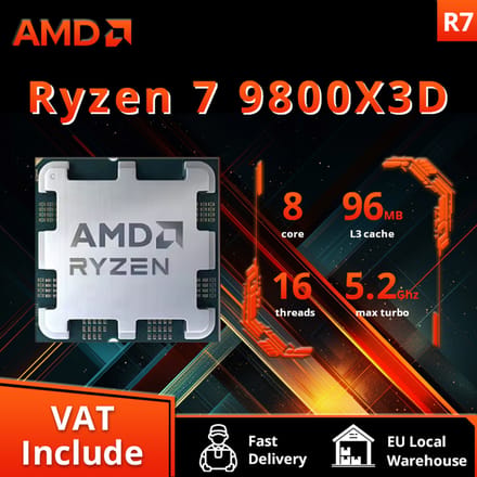 AMD Ryzen 7 9800X3D, 8-core processor, maximale kloksnelheid 5,2 GHz, 96 MB L3-cache, 120 W TDP, socket AM5, koeler niet inbegrepen.